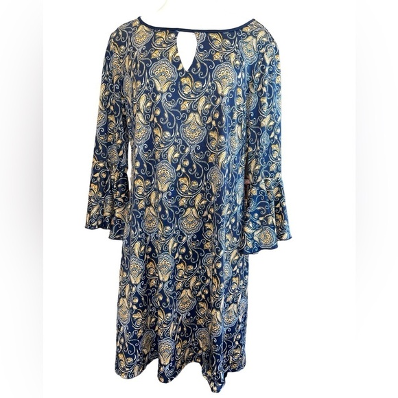 PerSeption Concept Dresses & Skirts - Perseption Concept Women's Dress Size L Blue Gold Knee Length Bell Sleeves